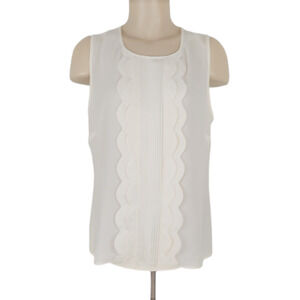 Talbots Petites Sleeveless Blouse PL Cream Pintucked Scalloped Tie Back Career